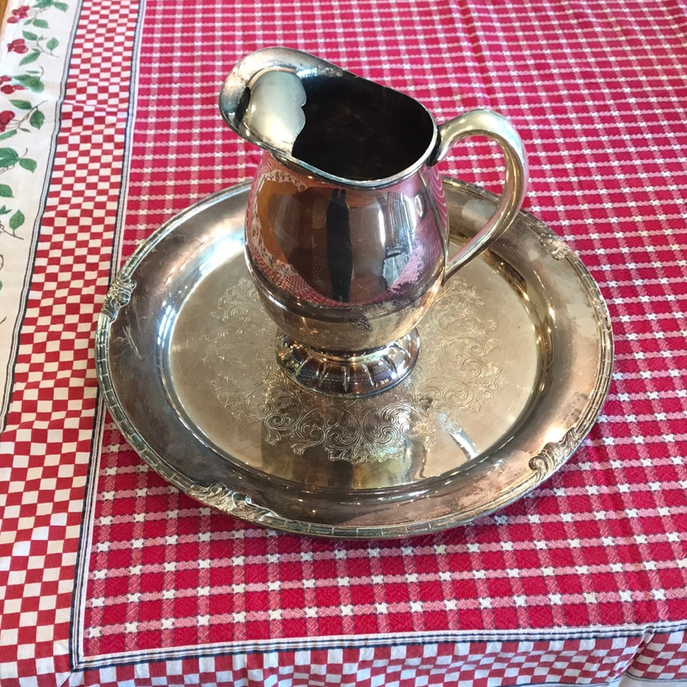 Silver formal serving pieces pitcher and tray